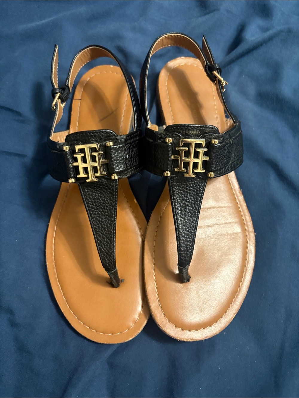 Tommy Hilfiger Black Leather T-Strap Sandals